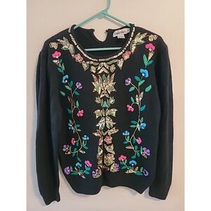 VTG 90s Cristina Beaded Sequins Sz M Long Sleeve Sweater Black Multicolor Flower